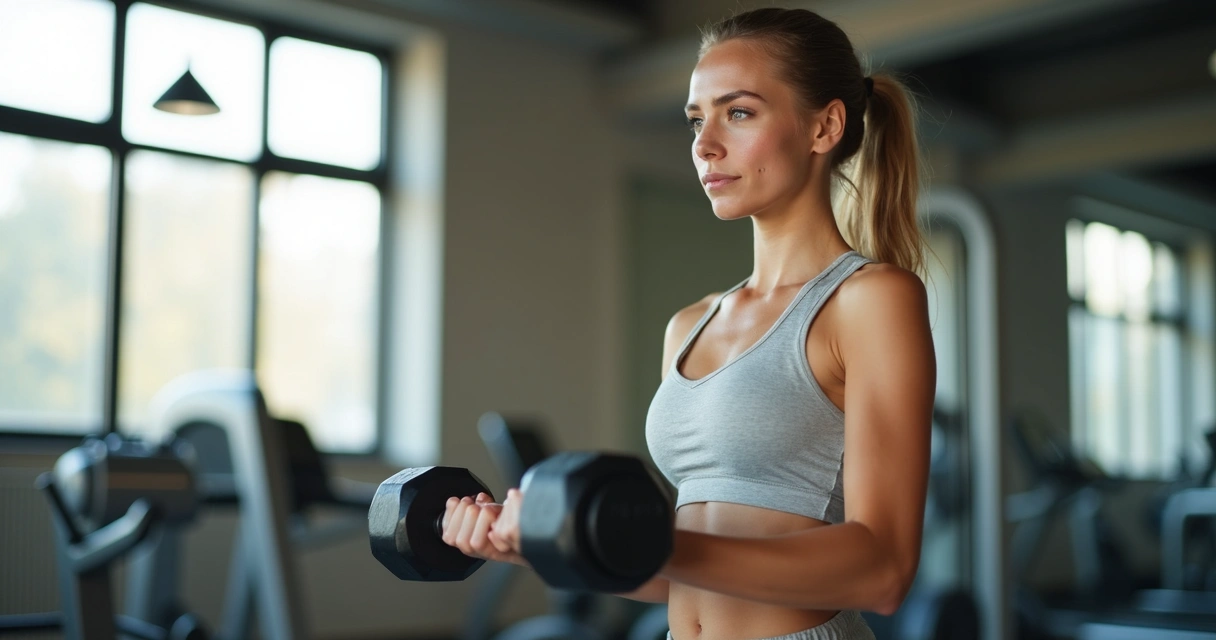 Mulher treinando com halteres em academia ampla, roupas esportivas claras, luz natural ao fundo 