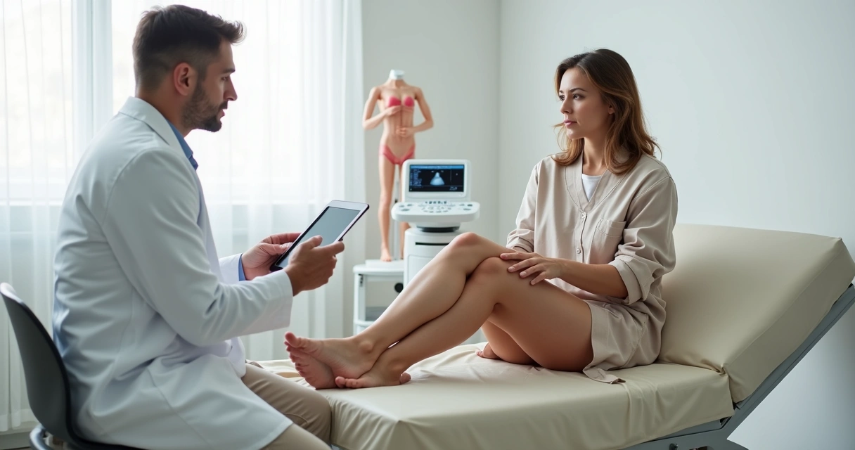 Mulher mostrando vasinhos nas pernas durante consulta com cirurgião vascular 