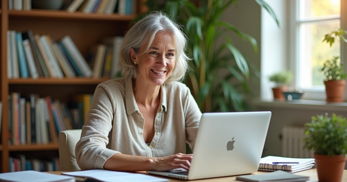 Mulher madura estudando conteúdos digitais em um notebook 