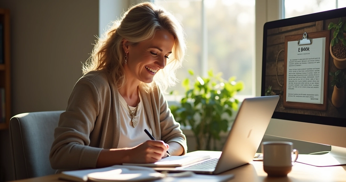 Mulher madura escrevendo e-book no notebook 