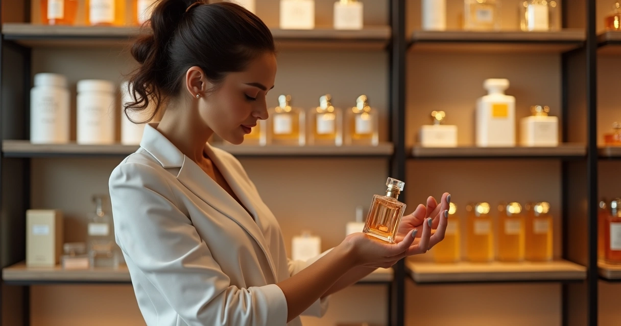 Mulher testando um perfume em uma loja, segurando um frasco