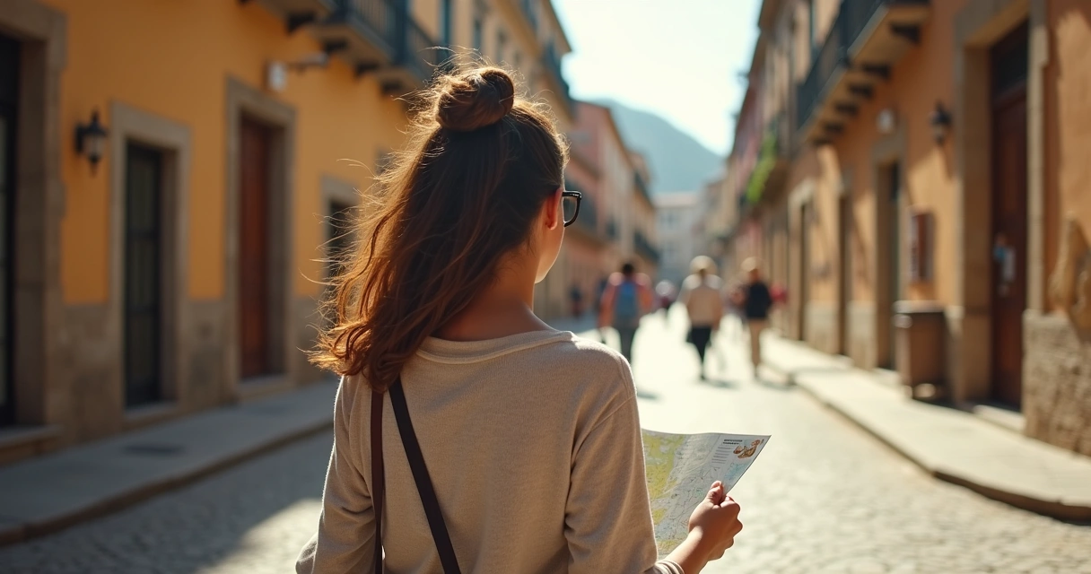 Mulher recém-chegada caminhando pelo centro histórico de cidade espanhola 