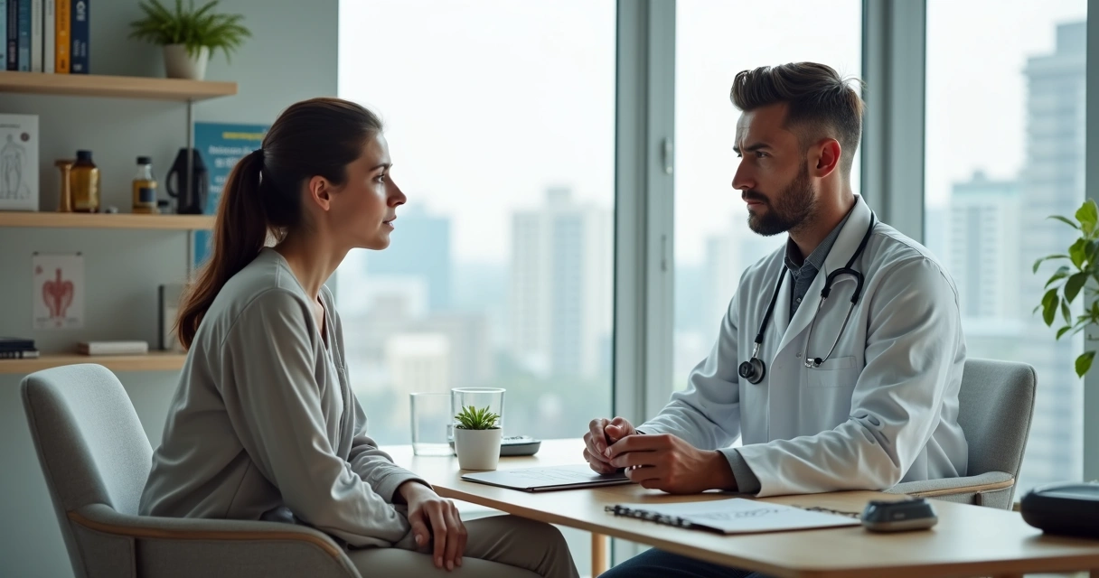 Mulher cansada em consulta médica falando sobre fadiga constante 
