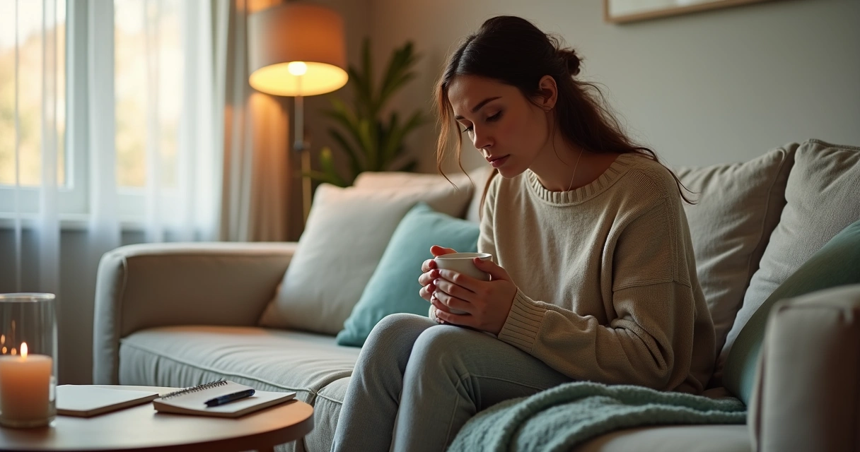 Mulher sentada no sofá com expressão cansada segurando uma caneca em ambiente acolhedor 