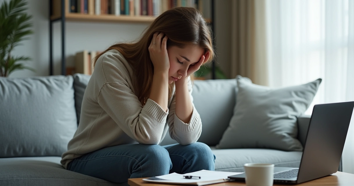 Mulher exausta sentada no sofá com expressão de fadiga emocional 