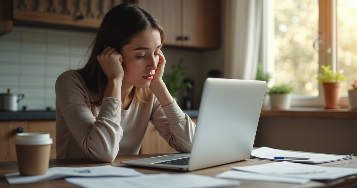 Mulher com expressão cansada diante de laptop no home office 