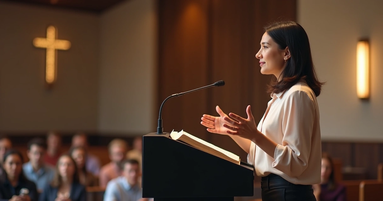 Mulher cristã confiante falando em público com Bíblia nas mãos 