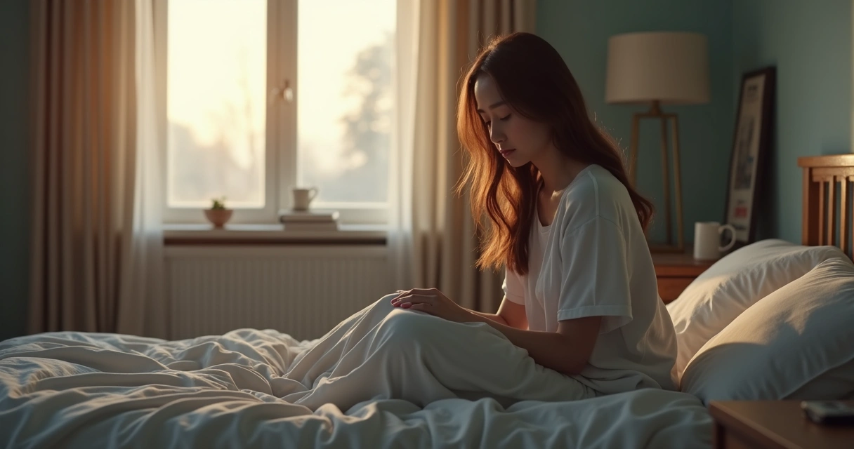 Mulher sentada na cama, parecendo cansada e pensativa 