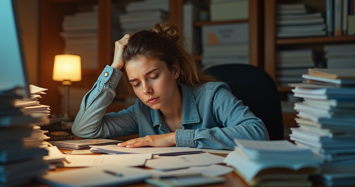 Mulher cansada no escritório com papéis, simbolizando exaustão no trabalho 