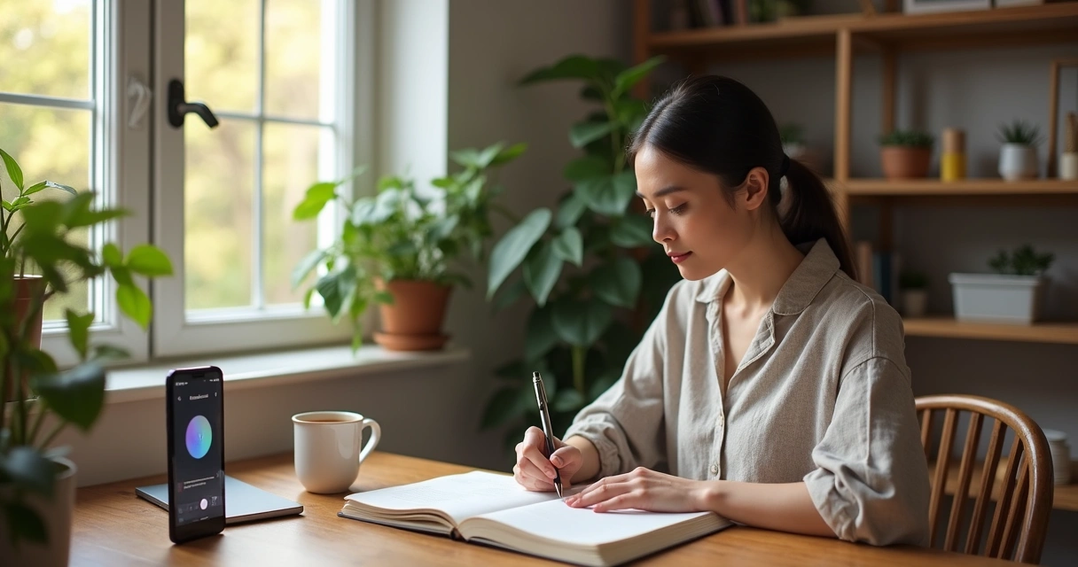 Mulher escrevendo em caderno em ambiente iluminado por luz natural, refletindo sobre pensamentos e sentimentos 