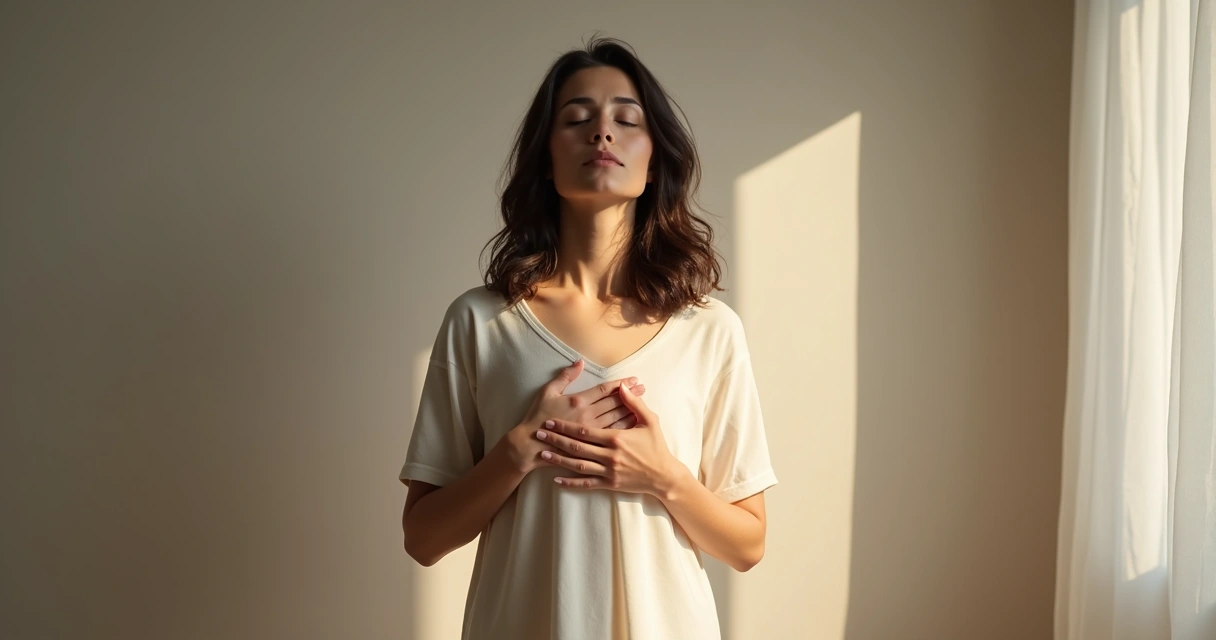 Mulher de olhos fechados sentindo o próprio corpo