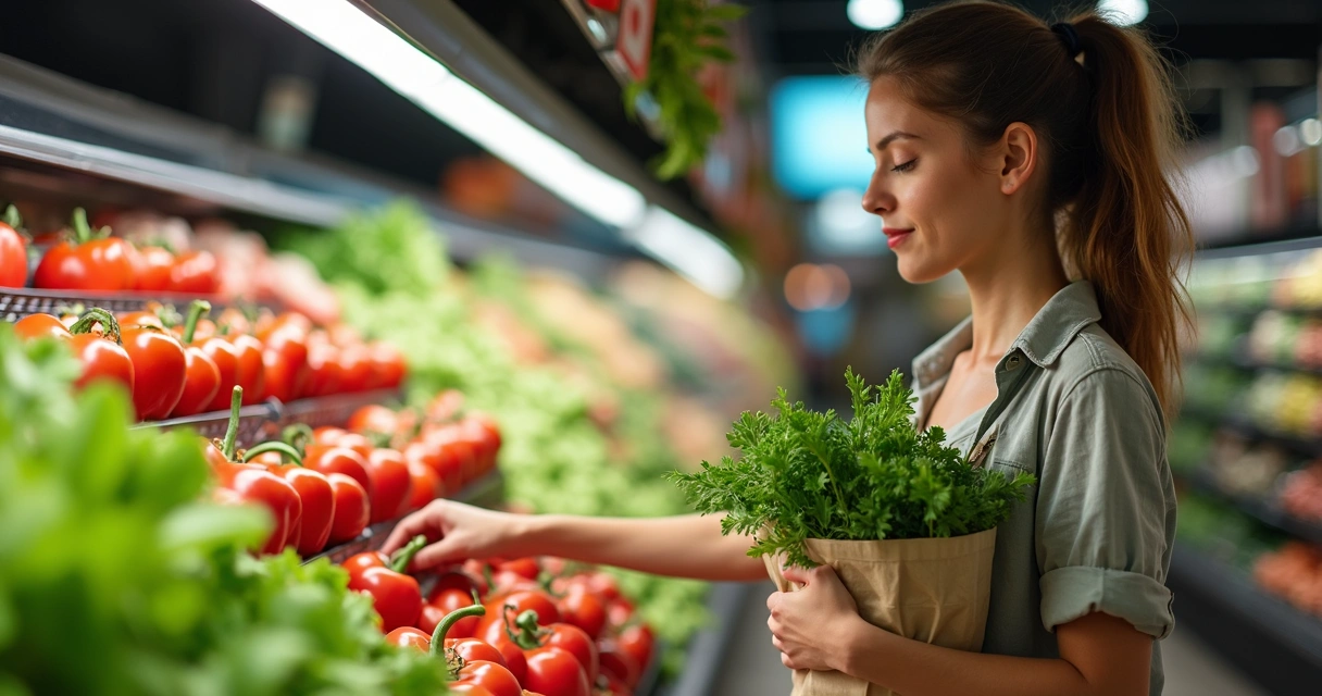 Mulher escolhendo vegetais frescos em supermercado 