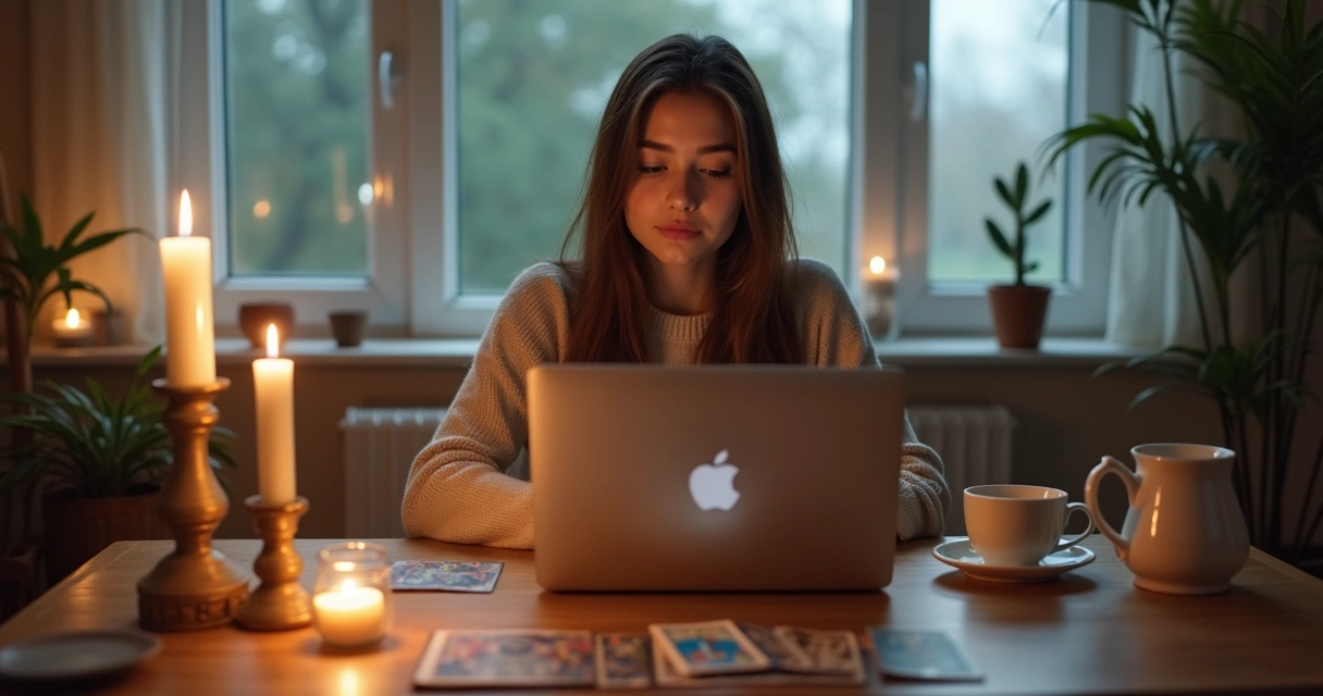 Mulher concentrada em frente ao computador durante consulta de tarot online 