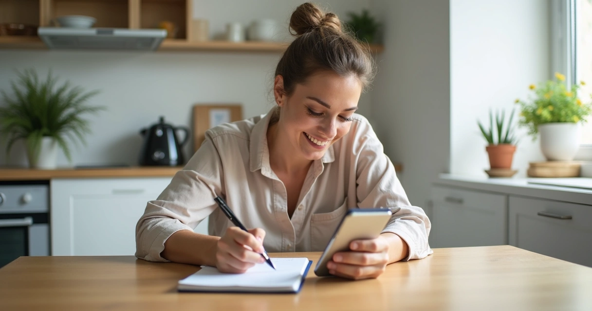 Mulher usando celular para fazer contas no orçamento 