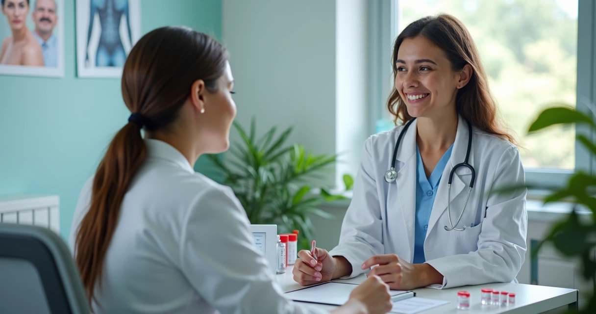 Mulher sentada realizando exames médicos com um profissional