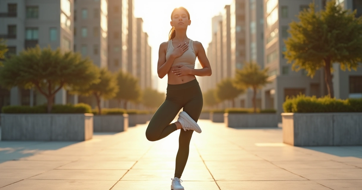 Mulher fazendo alongamento consciente em meio à cidade ao ar livre 