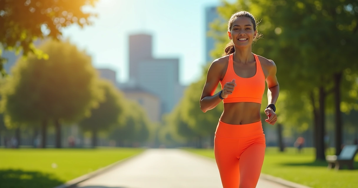 Mulher correndo ao ar livre com roupas esportivas vibrantes em uma manhã ensolarada 