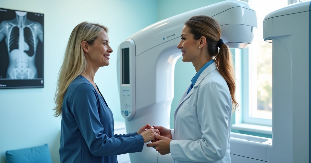 Mulher realizando mamografia em clínica com profissional de saúde ao lado 
