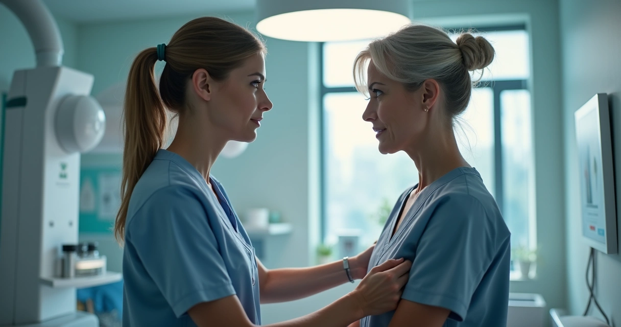 Paciente fazendo exame de mamografia com técnica de saúde