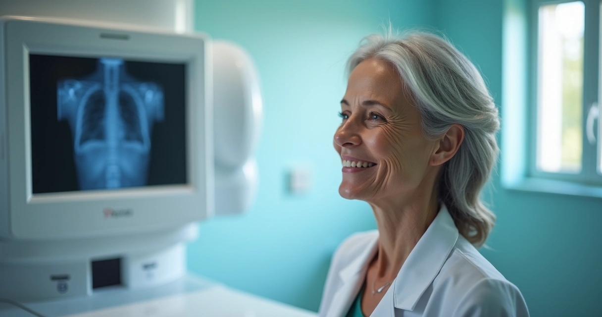 Mulher realizando mamografia em aparelho moderno 