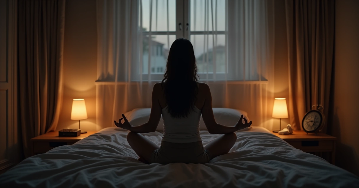 Mulher sentada na cama em postura de meditação antes de dormir 