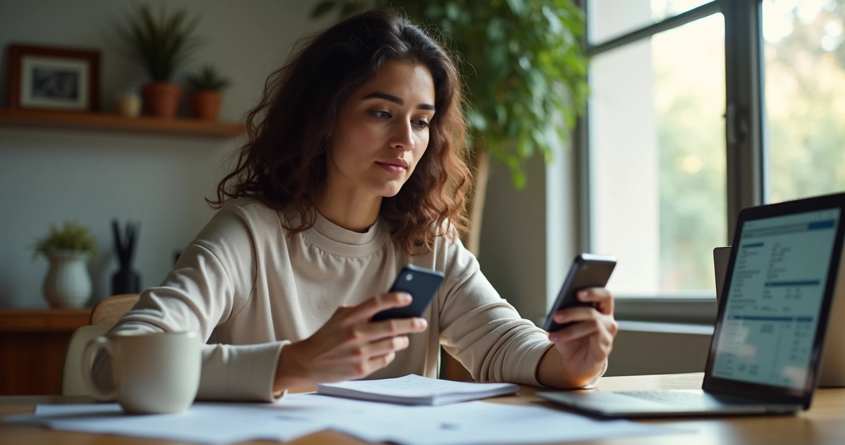 Mulher usando smartphone para pagar o IPVA em casa.