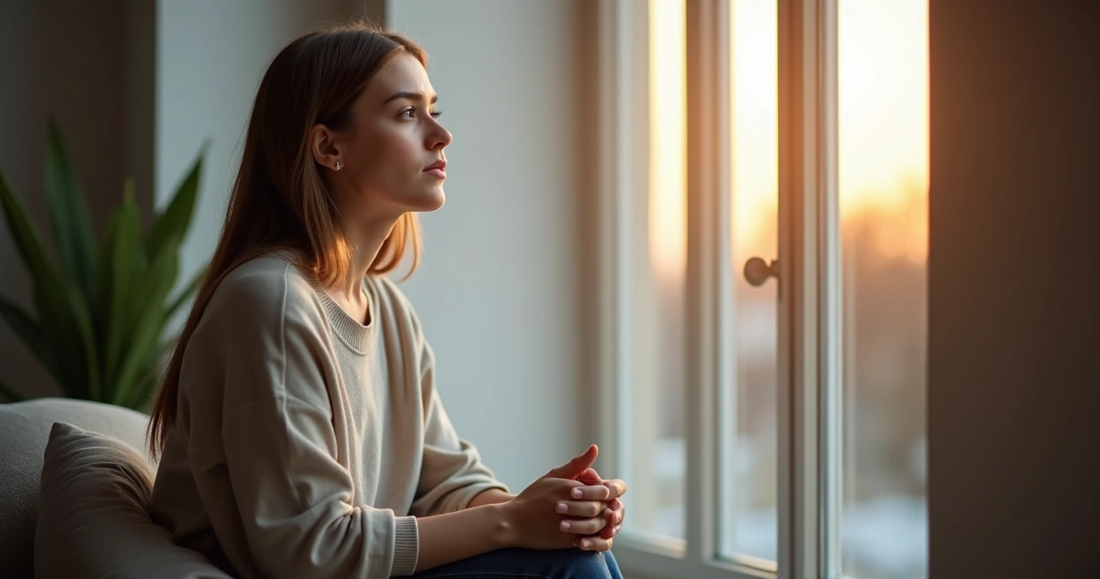 Mulher sentada sozinha olhando pela janela em momento introspectivo 