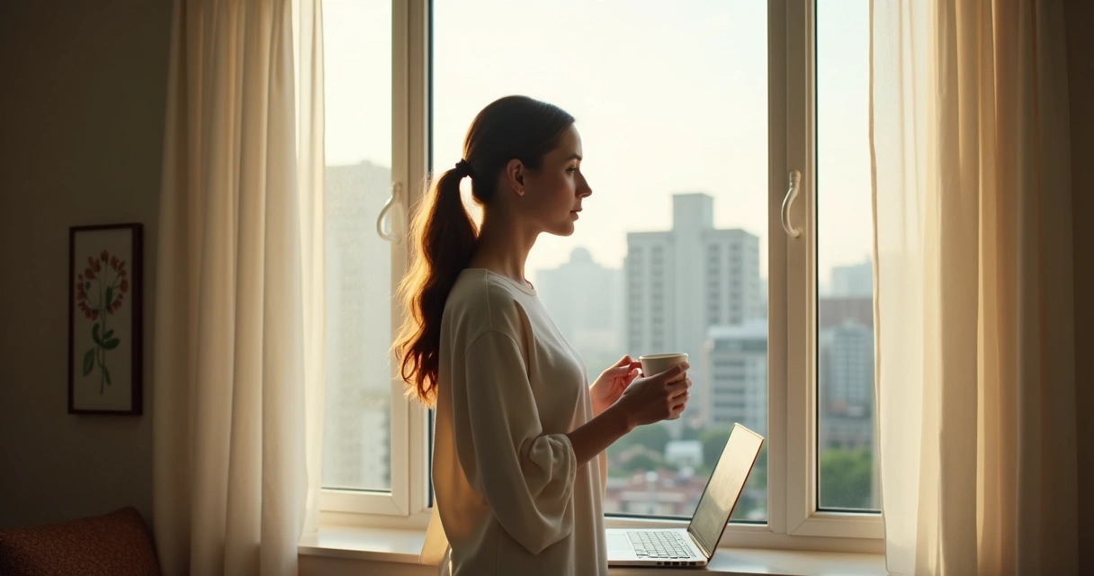 Mulher olhando pela janela em momento de pausa