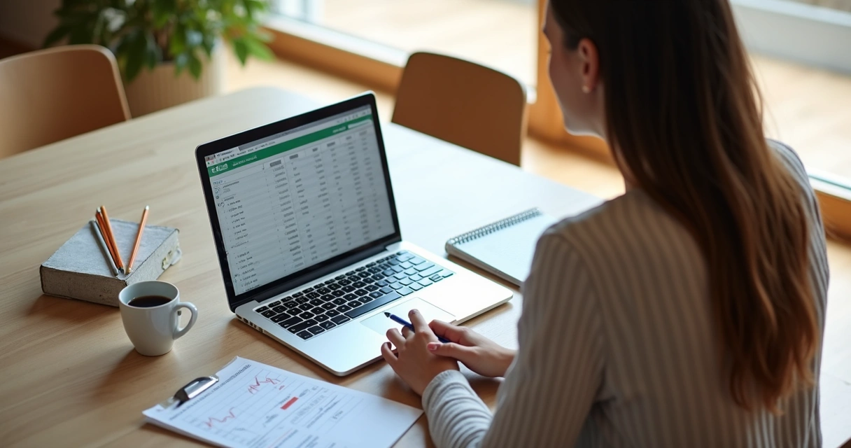 Mulher analisando planilha financeira na mesa com lápis e café