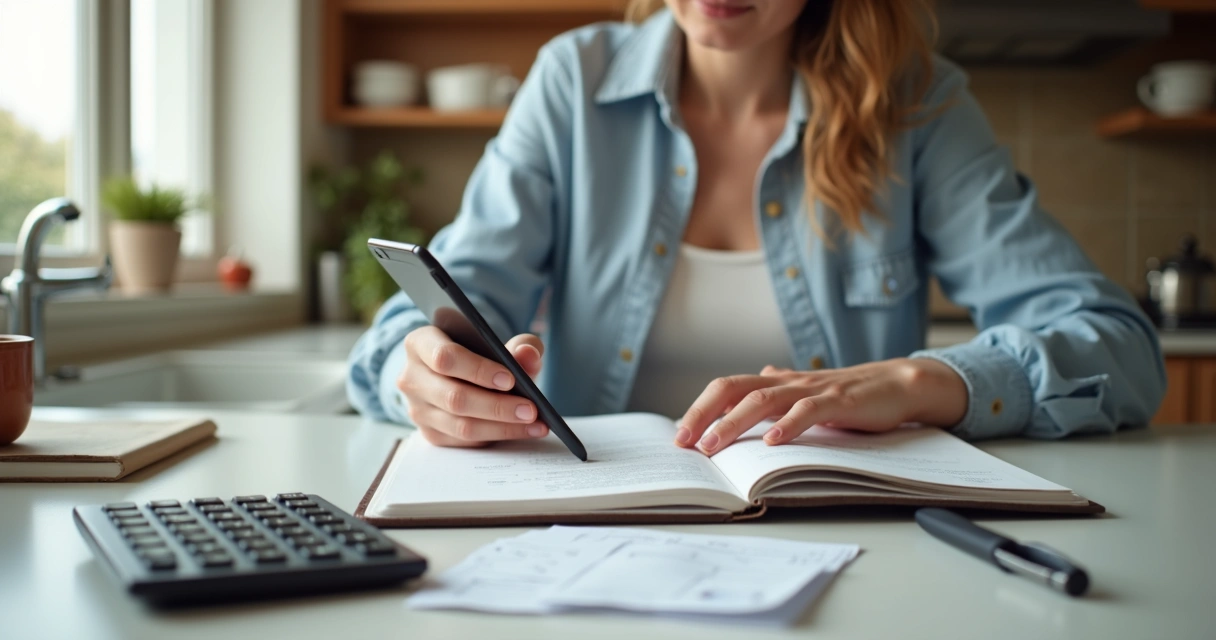 Mulher usando celular e caderno para planejamento financeiro caseiro 