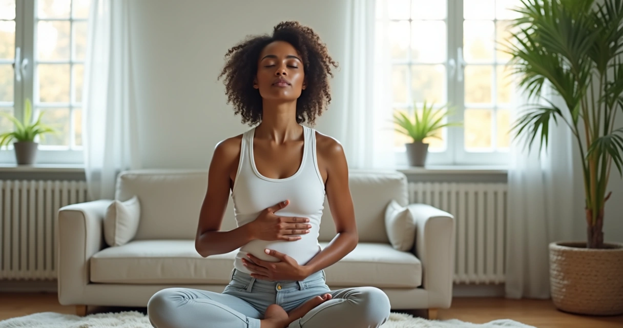 Mulher sentada praticando respiração consciente em ambiente tranquilo 