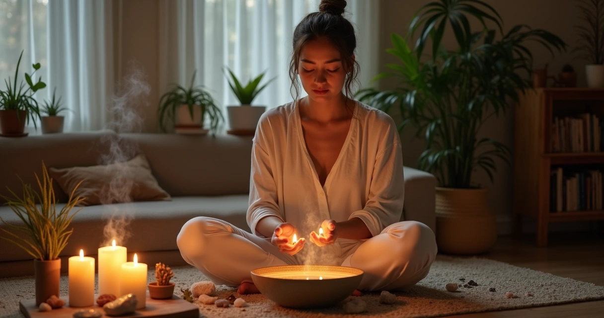 Mulher fazendo ritual energético em altar doméstico 