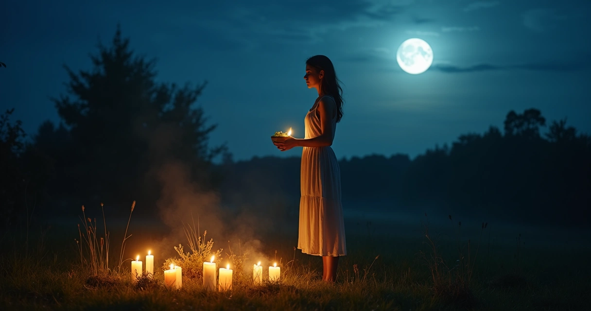 Mulher realizando simpatia à noite com lua cheia 