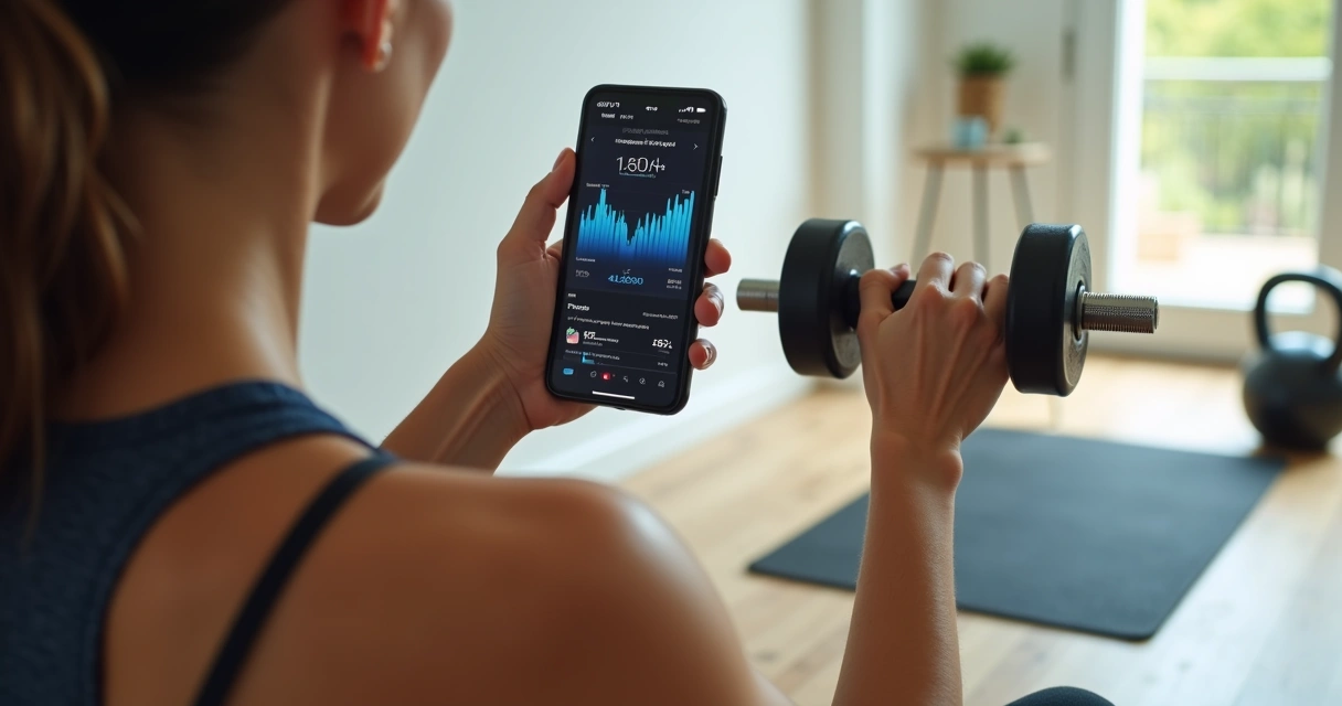 Mulher treinando musculação em casa com app no celular, ambiente iluminado e moderno, equipamentos simples ao redor 