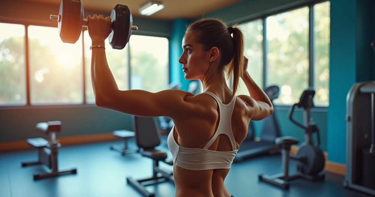 Mulher realizando treino de tríceps com halteres na academia 