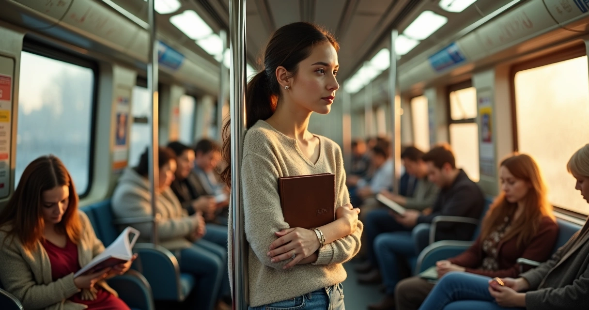 Mulher com Bíblia discreta no metrô segurando em uma mão o corrimão e sorrindo serenamente 