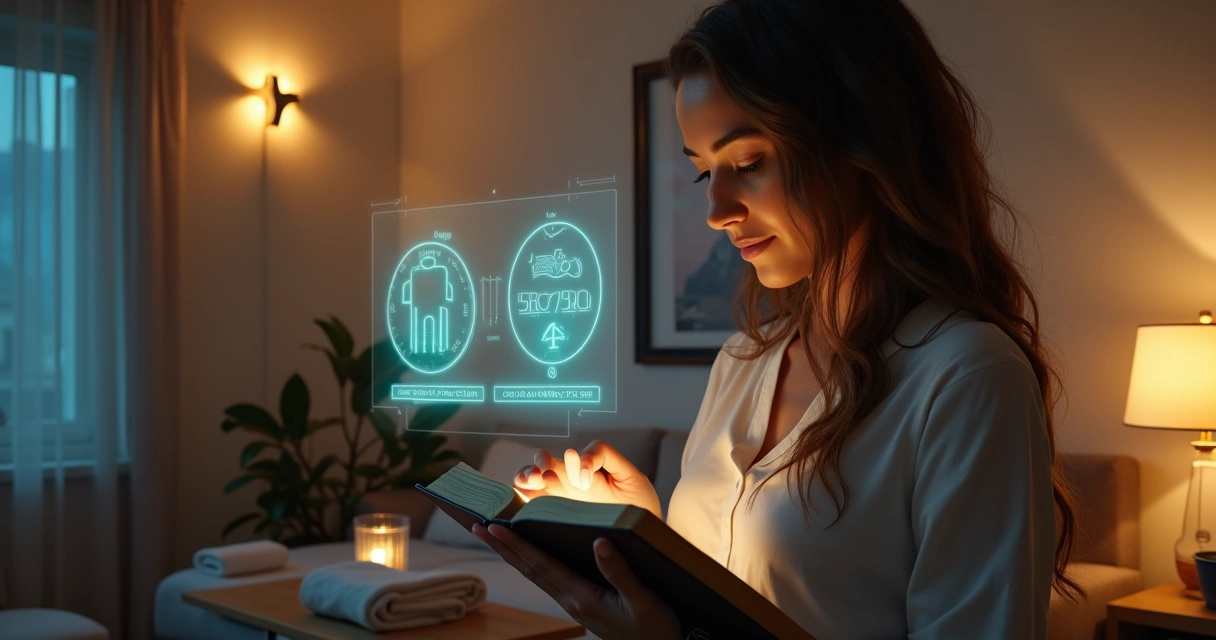 Mulher cristã segurando Bíblia aberta ao lado de holograma de IA sobre saúde 