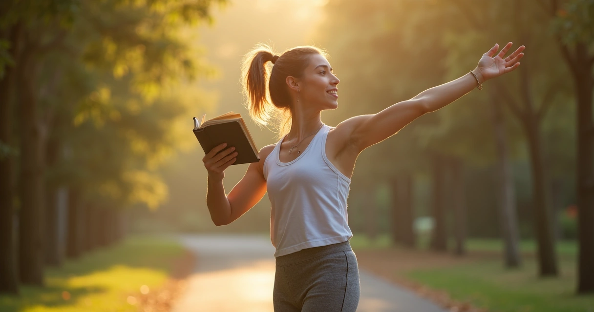 Mulher praticando exercícios ao ar livre segurando Bíblia