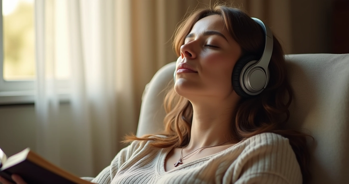 Mulher adulta ouvindo música com expressão de paz e fé