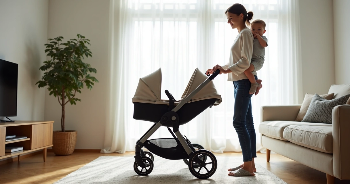 Mulher fechando carrinho de bebê facilmente com uma mão 