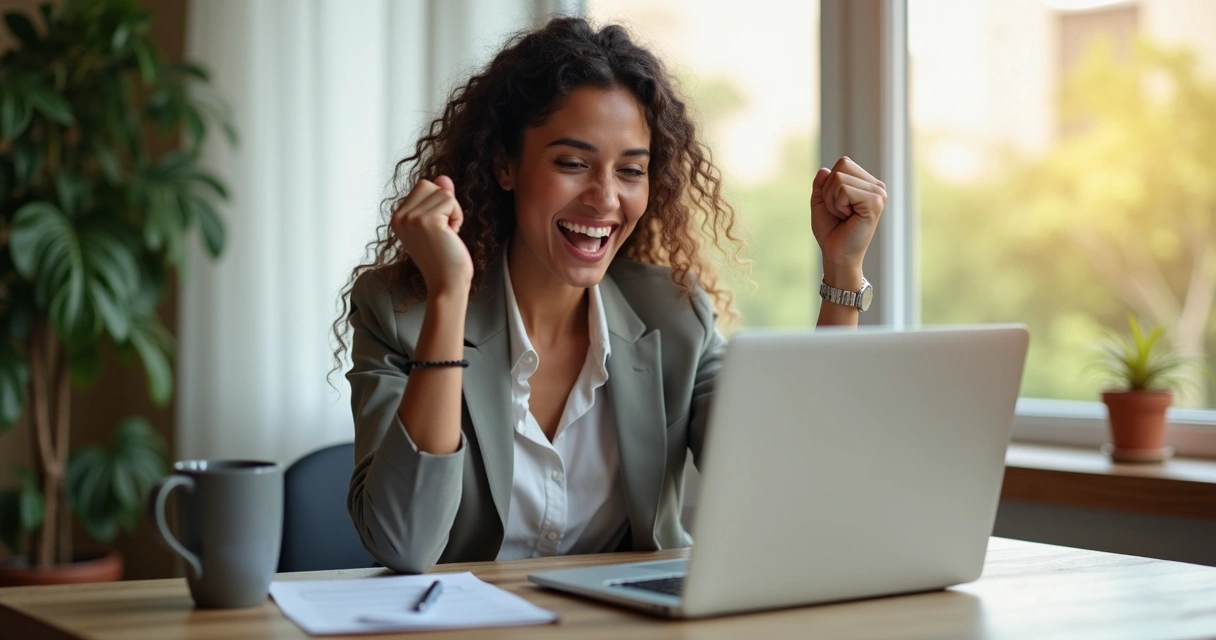 Mulher comemorando fechamento de contrato digital 