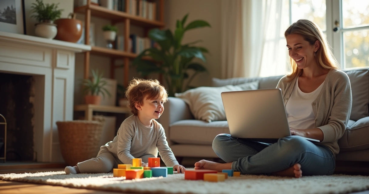 Mulher sorridente no notebook enquanto filho brinca ao lado 