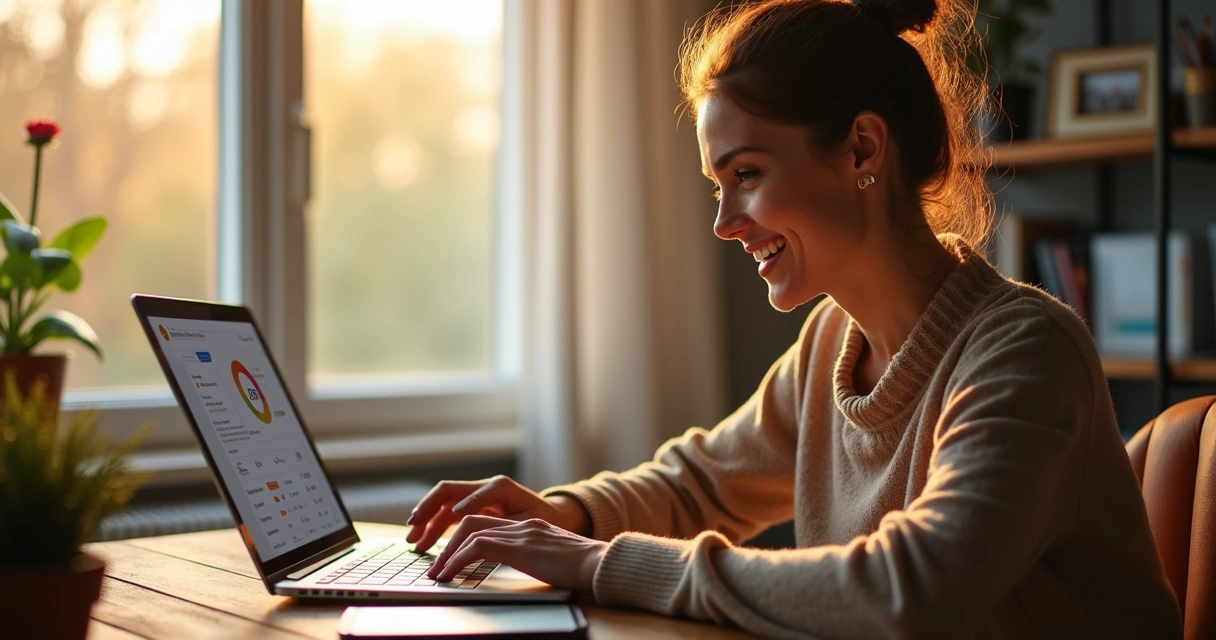 Mulher sorrindo fechando venda pelo notebook 