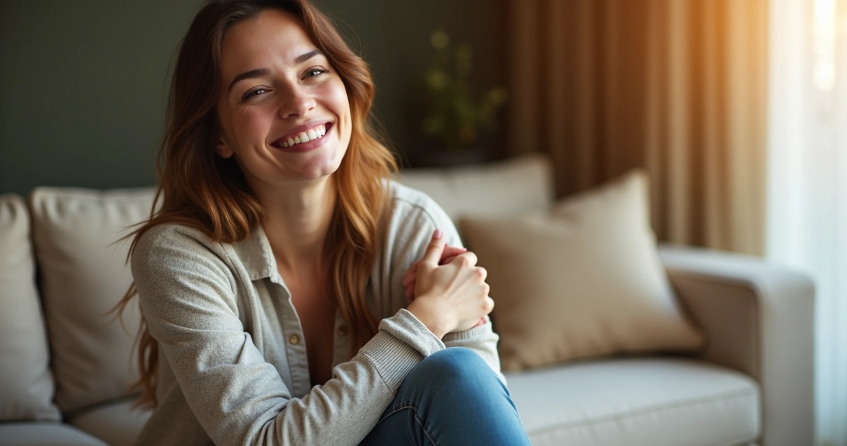 Mulher sorrindo com aparência confiante e relaxada 