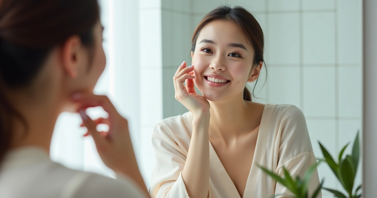 Mulher sorridente olhando para si no espelho