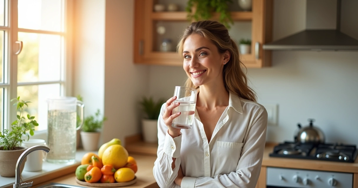 Mulher sorridente bebendo água na cozinha
