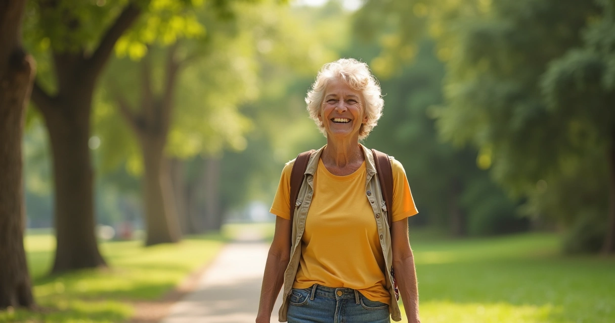 Mulher madura sorrindo e ativa em ambiente externo