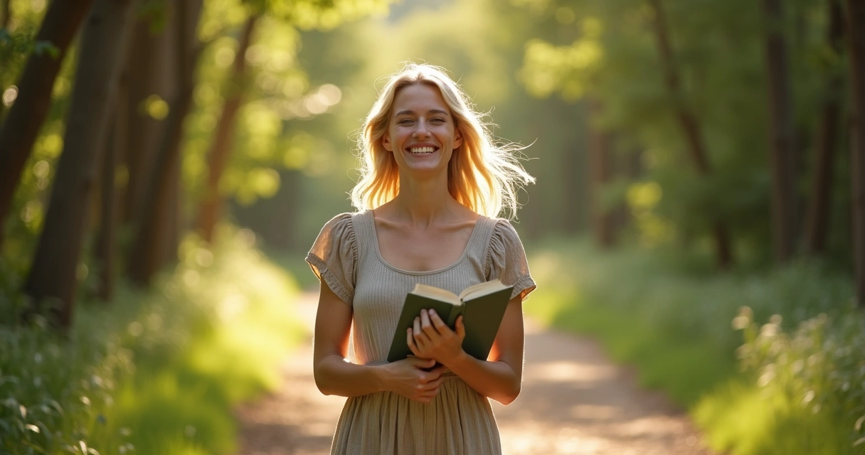 Mulher feliz caminhando em trilha de natureza 