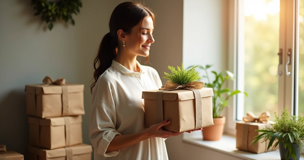 Mulher segurando presente em embalagens sustentáveis 