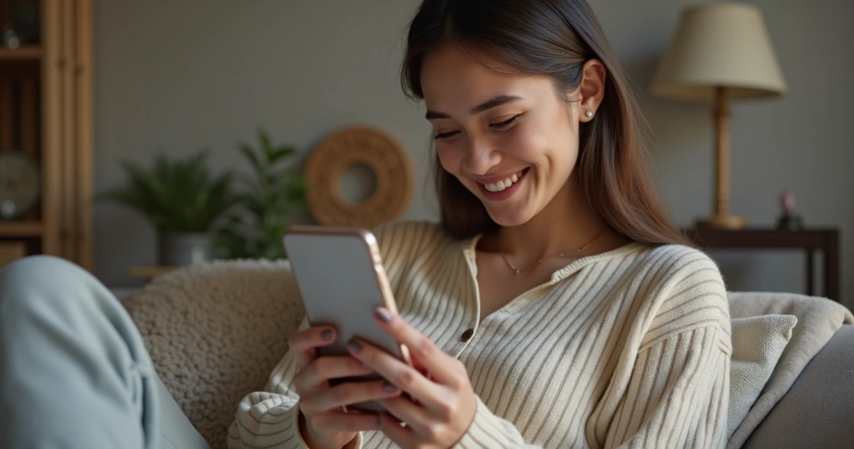 Mulher sorrindo segurando celular lendo consulta de tarot 